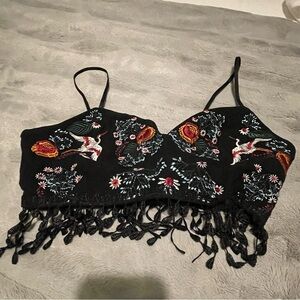 Black and Red Embroidered Camisole Crop Top Asian Crane scene
